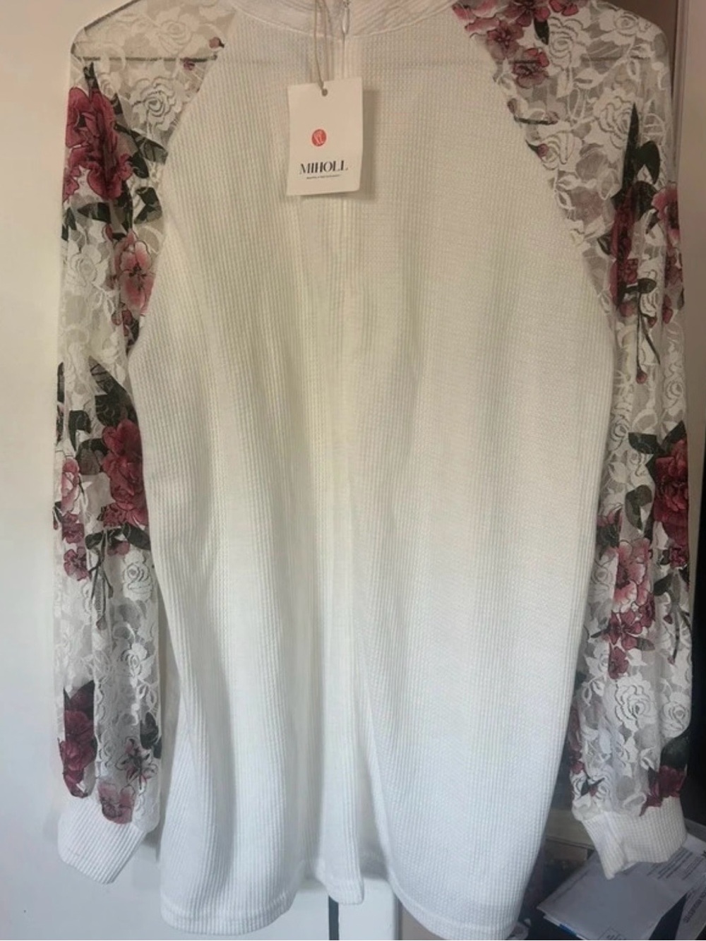 MIHOLL White Knit Long-Sleeve Dress with Floral Lace Sleeves